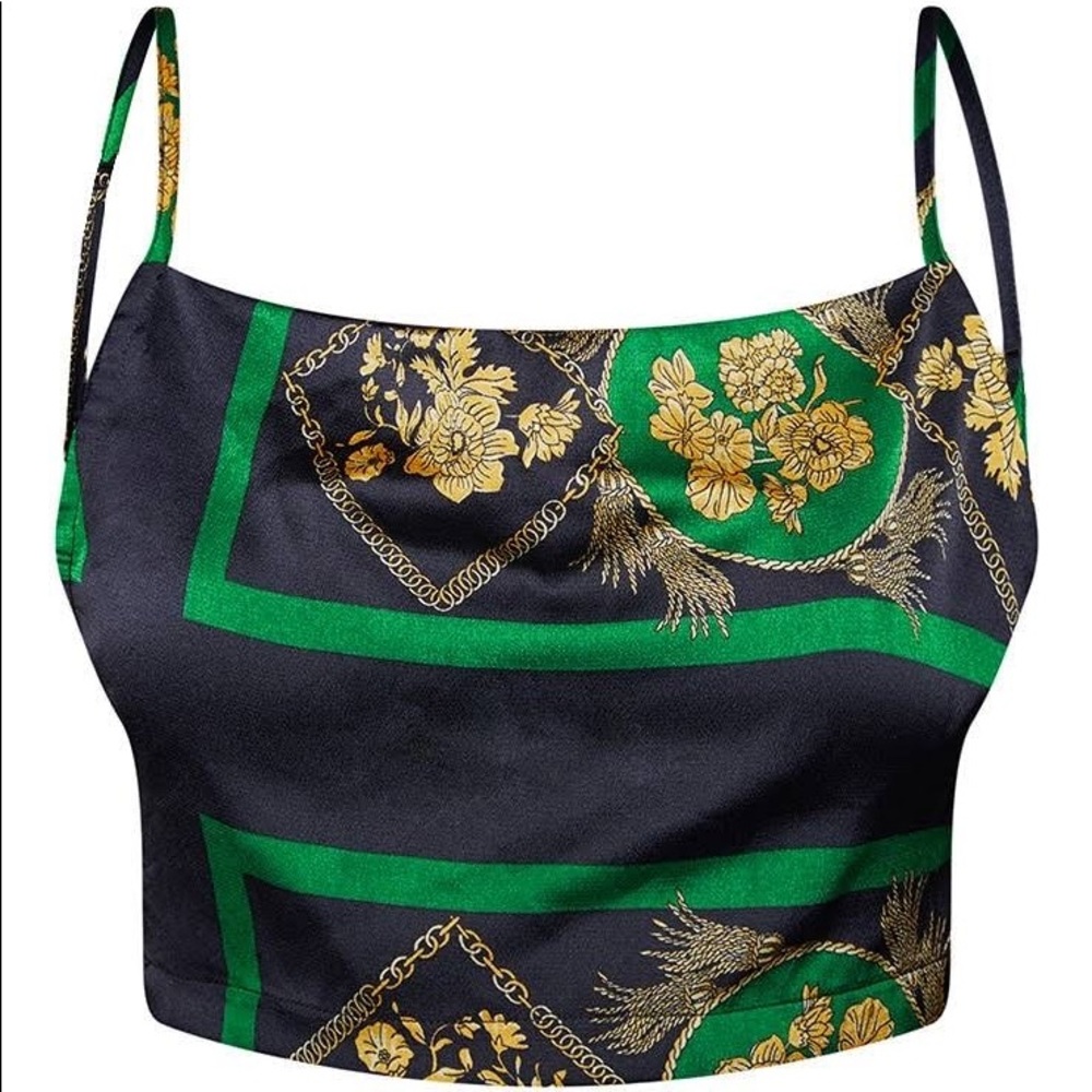 Green Printed Cowl Neck Tie Back Crop Top